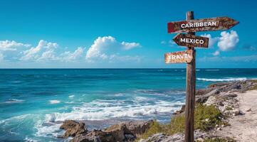 ai gerado placa apontando para a direção do México com cênico de praia e oceano dentro a fundo foto