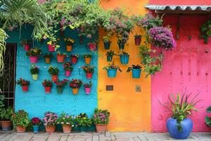 ai gerado típica arquitetura do mexicano colonial colorida casas dentro histórico cidade Centro foto