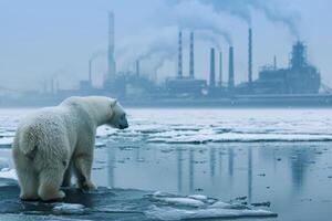 ai gerado clima mudar, global aquecimento e de Meio Ambiente poluição. polar Urso animal extinção foto