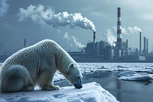 ai gerado clima mudar, global aquecimento e de Meio Ambiente poluição. polar Urso animal extinção foto
