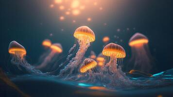 ai gerado brilhando mar medusas em Sombrio fundo, neural rede gerado arte foto