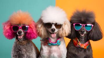 ai gerado três poodles com funky oculos de sol em amarelo e turquesa fundo, neural rede gerado imagem foto