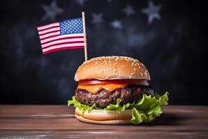 ai gerado pequeno Hamburger com pequeno americano bandeira em isto, Sombrio fundo, nos patriótico orgulhoso tema, neural rede gerado imagem foto