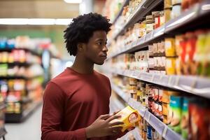 ai gerado jovem adulto africano americano homem escolhendo uma produtos dentro uma mercearia loja. neural rede gerado fotorrealista imagem foto