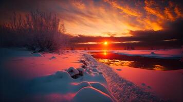 ai gerado inverno pôr do sol panorama com vívido cores neve, árvores e longe montanhas, neural rede gerado arte foto