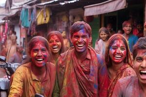 ai gerado sorridente pessoas, colori feliz rostos com vibrante cores durante a celebração do a holi festival dentro Índia. neural rede gerado imagem foto