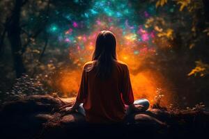 ai gerado mulher meditando com colorida natureza energia aparecendo em volta, neural rede gerado imagem foto
