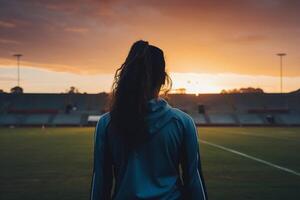 ai gerado uma jovem bonita desportista mulher fazendo manhã esticam exercite-se às estádio. esporte e saudável estilo de vida. cópia de espaço bandeira foto