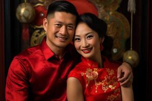 ai gerado chinês casal dentro tradicional roupas com generativo ai foto