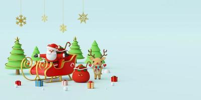 Feliz Natal e Feliz Ano Novo, banner da web do Papai Noel em um trenó com renas e presentes de Natal, renderização em 3D foto