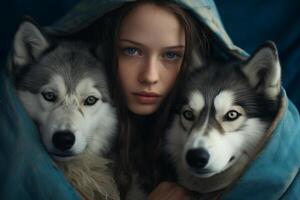 ai gerado jovem mulher abraçando com dela huskies cachorro com generativo ai foto
