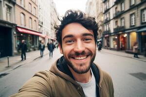 ai gerado uma homem levando selfie dentro a grande cidade com generativo ai foto