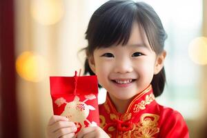 ai gerado chinês jovem menina vestindo qipao vestir e segurando aungpao bokeh estilo fundo com generativo ai foto