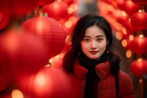 ai gerado lindo chinês mulher comemoro às chinês lanterna festival bokeh estilo fundo com generativo ai foto