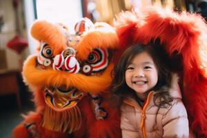 ai gerado jovem menina criança vestindo a chinês Dragão dança traje bokeh estilo fundo com generativo ai foto