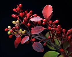 ai generativo cotoneaster coriáceo ornamental plantar com vermelho frutas e Sombrio verde folhagem foto