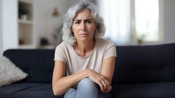 ai generativo frustrado meio envelhecido mulher sentado em sofá às casa tocante cabeça estressado chateado maduro mulher pensando do pessoal problemas ou saúde problemas mental transtorno memória perda demência foto