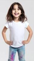 ai generativo feliz seis anos velho adorável menina dentro branco zombar acima em branco camiseta em cinzento estúdio fundo retrato do sorridente franja penteado pequeno gracinha segurando mãos dentro jeans bolso olhando uma foto