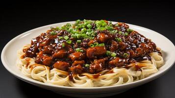 ai gerado delicioso jajangmyeon, jjajangmyeon, Estilo coreano chinês macarrão prato coberto com Grosso molho. foto