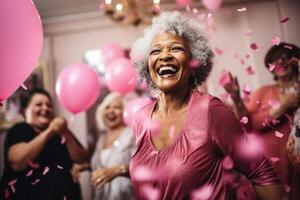 uma mulher dançando alegremente às uma sobrevivência festa a comemorar vida depois de conquistando seio Câncer esvaziar espaço para texto foto