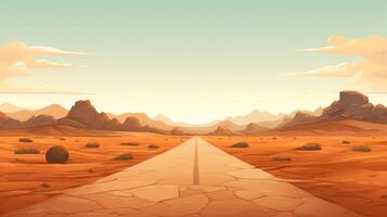 deserto panorama com areia estrada, uma grandes em linha reta sujeira estrada desaparece para dentro a distante, desenho animado estilo, generativo ai ilustração foto