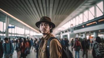 ai generativo ásia Viajantes homem segurando mão trilho ir acima piso da escada de escada rolante para a aeroporto mochileiro turista levar feriado de férias em viagem sozinho conceito saco em machos costas hipster advérbio foto