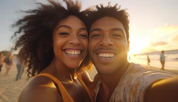 ai generativo africano mulher segurando namorado de mão às a de praia em pôr do sol jovem Preto menina rindo às Câmera casal do turistas tendo Diversão caminhando de a beira-mar feminilidade e feriados vigarista foto