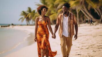 ai generativo africano mulher segurando namorado de mão às a de praia em pôr do sol jovem Preto menina rindo às Câmera casal do turistas tendo Diversão caminhando de a beira-mar feminilidade e feriados vigarista foto