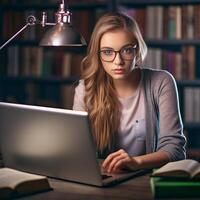 ai generativo irritado aluna mulher estudando às casa com computador computador portátil conectados escola conceito foto