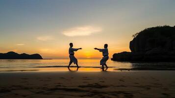 ai generativo artístico mercados luta entre mestre e dele aluno às a de praia durante a nascer do sol silhueta conceito sobre pessoas estilo de vida e esporte foto