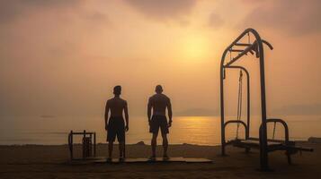 ai generativo artístico mercados luta entre mestre e dele aluno às a de praia durante a nascer do sol silhueta conceito sobre pessoas estilo de vida e esporte foto