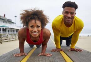 ai generativo Atlético casal fazendo ginástica exercício em cidade rua homem e mulher Treinamento ao ar livre ficando dentro prancha posição esporte e estilo de vida conceito foto