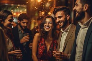 ai generativo atraente menina é sorridente e bebendo coquetel suportado de dela namorado amoroso casal durante uma festa caucasiano pessoas amor festa beber e pessoas conceito foto