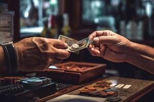 ai generativo barman levando dinheiro a partir de a cliente foto