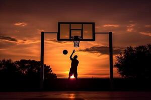 ai generativo basquetebol rua jogador fazer uma traseiro bater enterrado às pôr do sol desportivo Preto homem jogando basquetebol ao ar livre foto