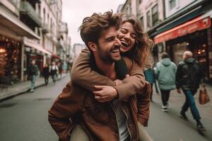 ai generativo lindo casal dentro amor tendo Diversão abraçando e rindo fazendo pegar carona passeio às feriado dentro Veneza Itália em praça san marco foto