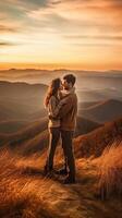 ai generativo lindo casal do caminhantes dentro amor estão se beijando em a topo do a montanha em uma surpreendente panorama às pôr do sol foto