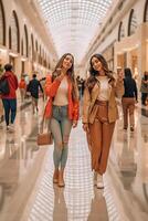 ai generativo lindo meninas com compras bolsas levando uma selfie com seus célula telefone caucasiano e ásia pessoas tecnologia e estilo de vida conceito foto