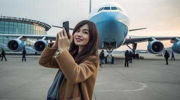 ai generativo lindo feliz mulher levando uma selfie às a aeroporto dentro frente do a avião pessoas saída embarque feriados conceito foto