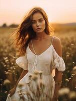 ai generativo beleza romântico menina ao ar livre lindo Adolescência modelo menina vestido dentro casual curto vestir ao ar livre dentro Sol luz verão brilho Sol tom de sol dentro caloroso cores foto