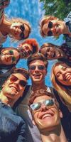 ai generativo melhor amigos levando selfie ao ar livre feliz jovem pessoas retrato fazer engraçado rostos juntos adolescentes tendo Diversão lado de fora em verão dia Fora amizade e juventude conceito foto