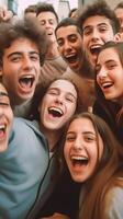 ai generativo melhor amigos levando selfie ao ar livre feliz jovem pessoas retrato fazer engraçado rostos juntos adolescentes tendo Diversão lado de fora em verão dia Fora amizade e juventude conceito foto