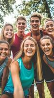 ai generativo melhor amigos levando selfie ao ar livre feliz jovem pessoas retrato fazer engraçado rostos juntos adolescentes tendo Diversão lado de fora em verão dia Fora amizade e juventude conceito foto