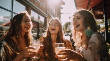 ai generativo melhor amigas rindo bebendo Cerveja três atraente jovem caucasiano meninas tendo Diversão ao ar livre foto