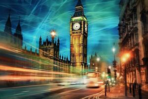 ai generativo grande ben 1 do a a maioria proeminente símbolos do ambos Londres e Inglaterra Como mostrando às noite ao longo com a luzes do a carros passagem foto