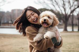 ai generativo caucasiano mulher rindo e tendo Diversão às a parque com dela cachorro cachorro foto