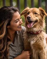 ai generativo caucasiano mulher rindo e tendo Diversão às a parque com dela cachorro cachorro foto