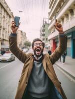 ai generativo alegre homem levando uma selfie dentro a cidade foto