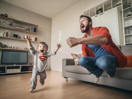 ai generativo criança e mãe dentro Super heroi traje jogando juntos às casa feliz filho e mãe tendo Diversão dentro vivo quarto família conceito foto