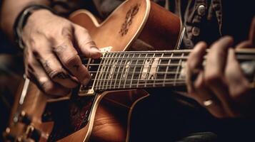 ai generativo fechar acima do guitarrista mão jogando acústico guitarra foto